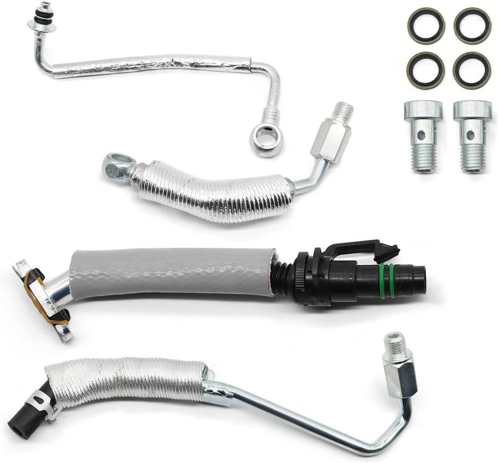 Turbo coolant return hose line kit with braided hoses, clamps, and metal connectors