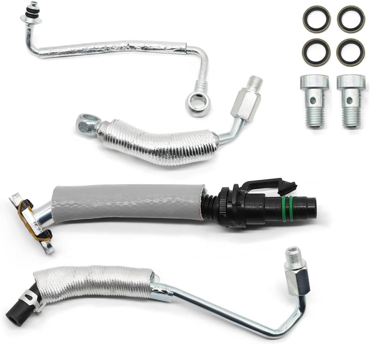 Turbo coolant return hose line kit with braided hoses, clamps, and metal connectors