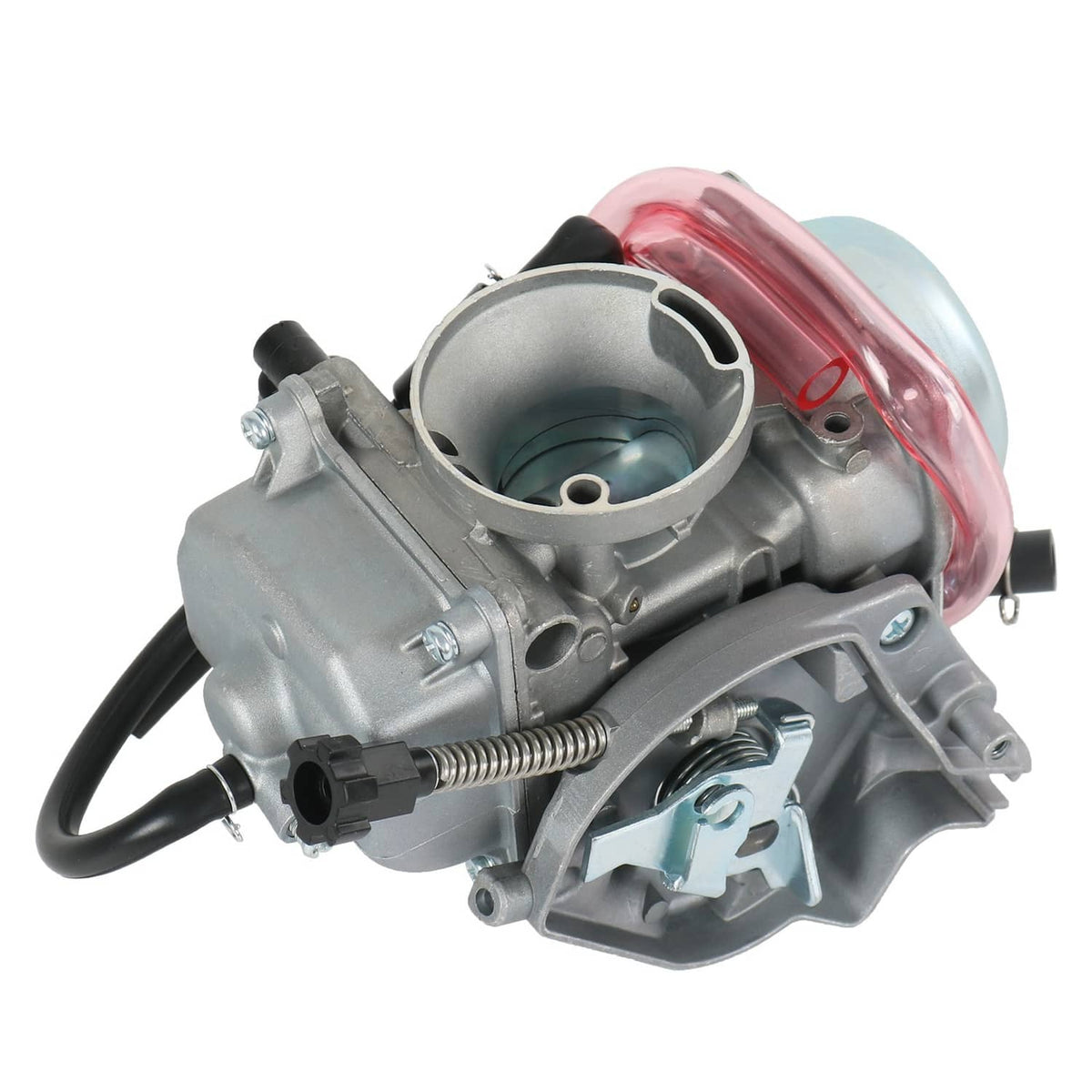 Carburetor with red air intake boot, metal throttle body, and connected black hose.