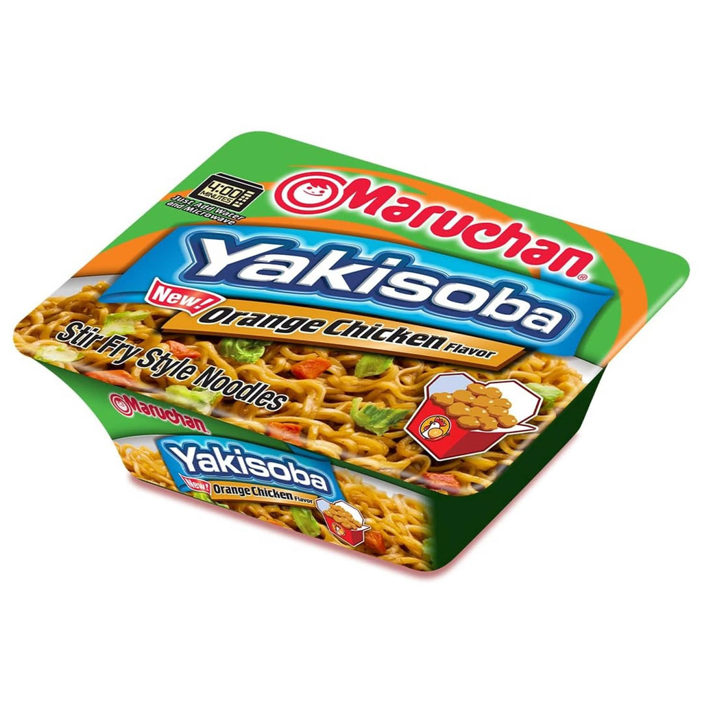 Instant noodle tray pack for orange chicken Yakisoba, front label close-up