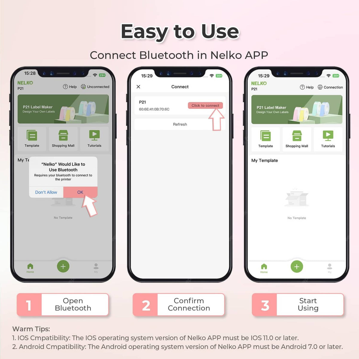 Pink label maker printer with app connection steps on three phones