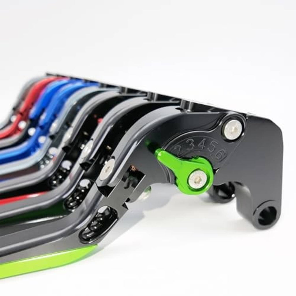 Black motorcycle brake lever close-up with green adjustment piece and silver fastener