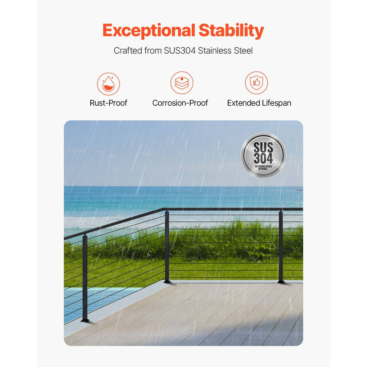 Black cable railing posts with open top and panel spacing for cable lines