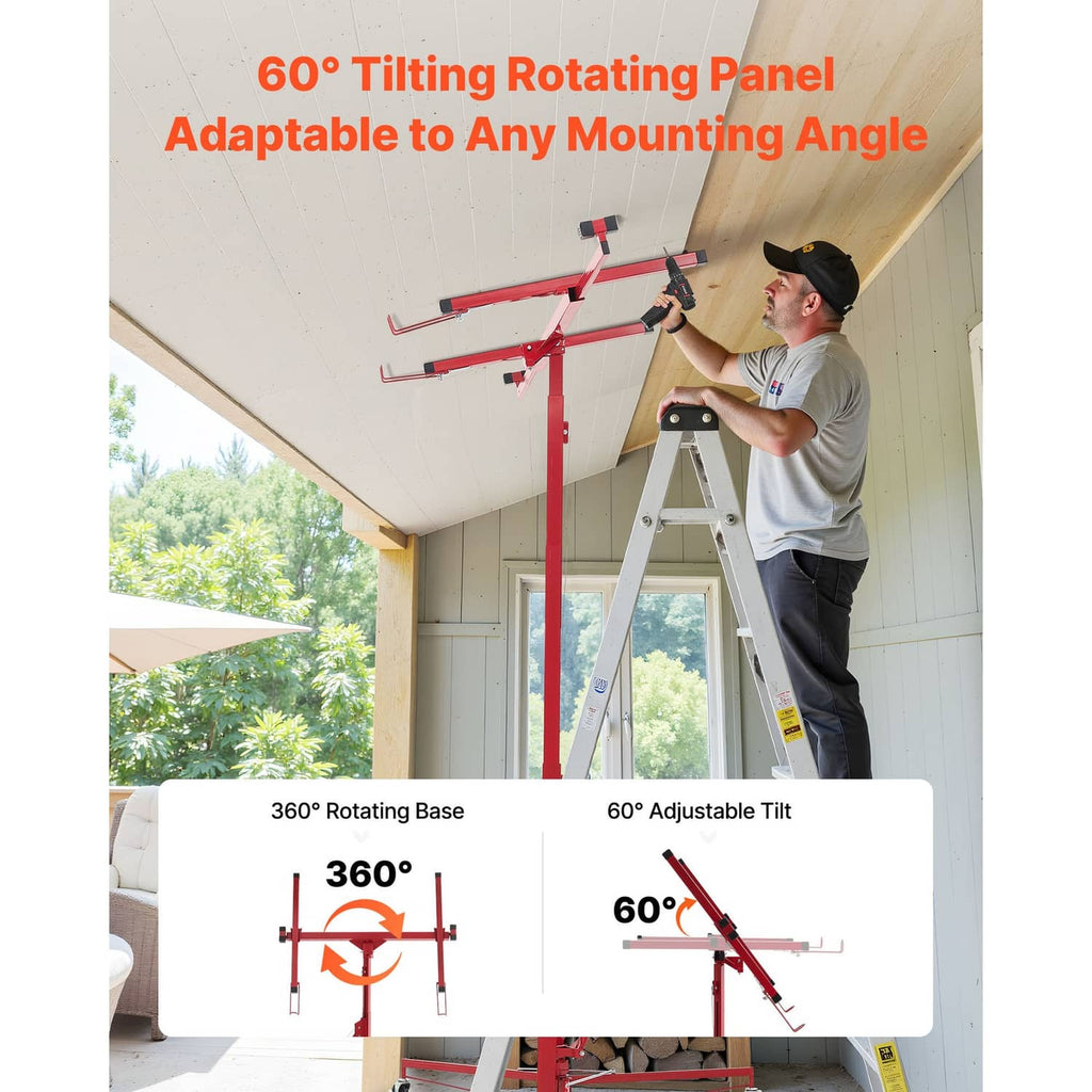 Red drywall lifter hoist with tilting rotating mounting panel base and casters