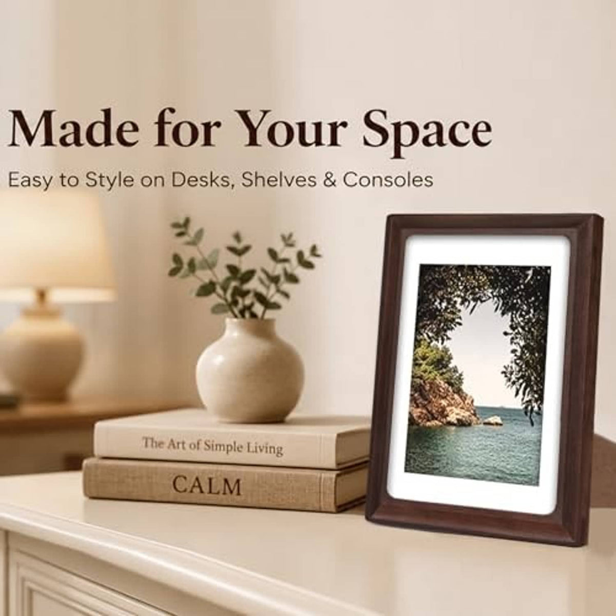 Dark walnut 4x6 photo frame with real glass on a tabletop.