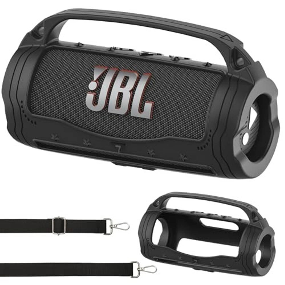 Black silicone speaker case with shoulder strap and cutouts for buttons and ports