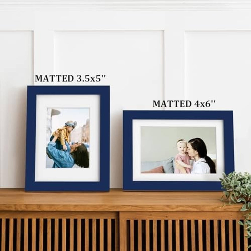 Navy matted photo frames showing 3.5x5 and 4x6 sizes with white borders