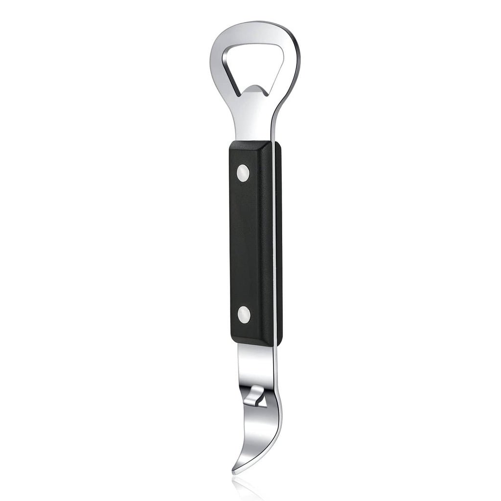 Black handle can punch bottle opener with round ring and stainless top