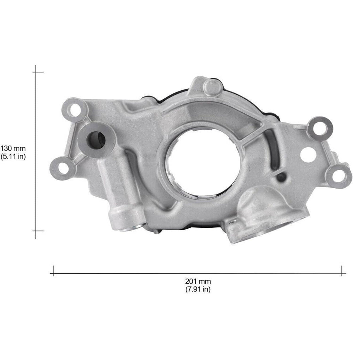 High pressure oil pump housing with circular opening and mounting bolt holes
