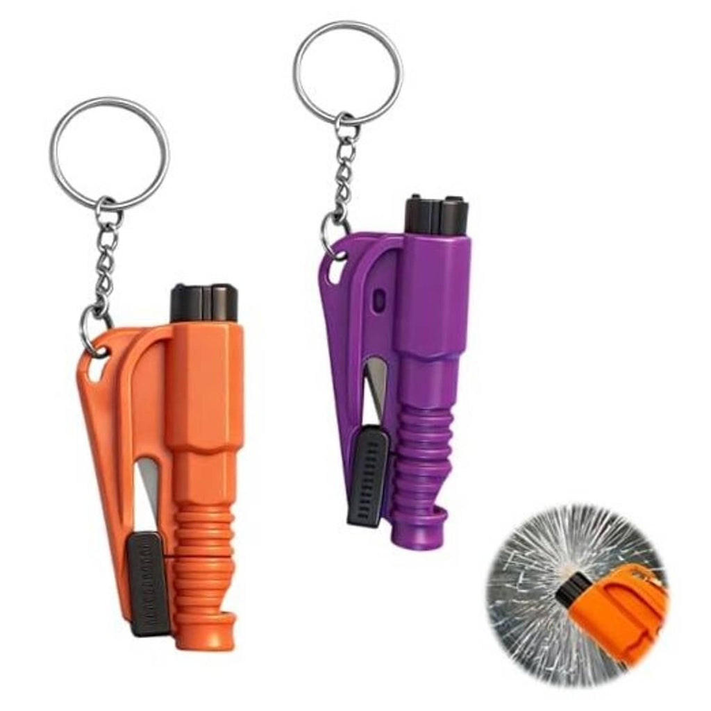 Purple car window escape tool keychain with metal ring and orange-and-purple lanyard chain