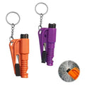 Purple car window escape tool keychain with metal ring and orange-and-purple lanyard chain
