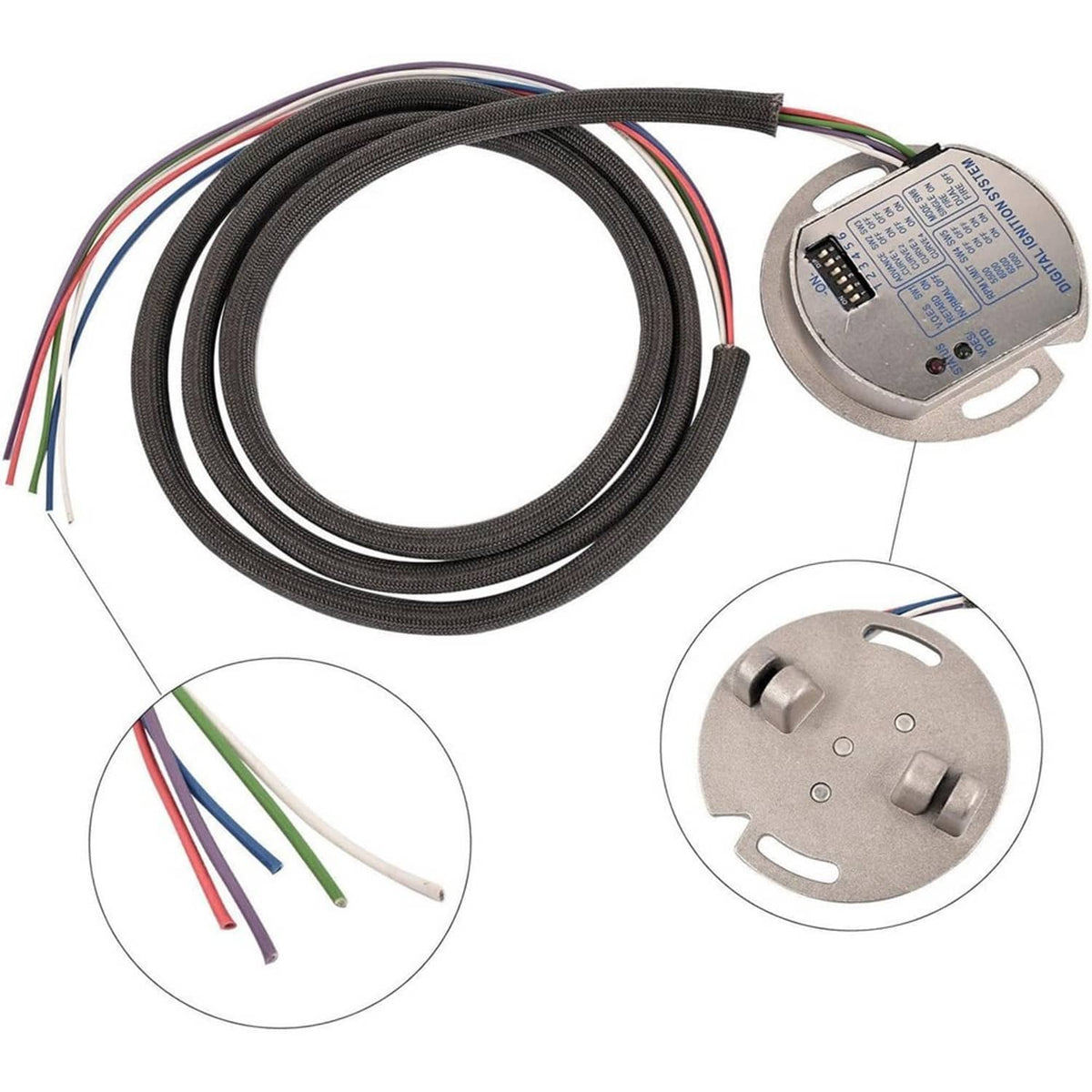 Ignition module sensor controller with black braided harness and wiring connections
