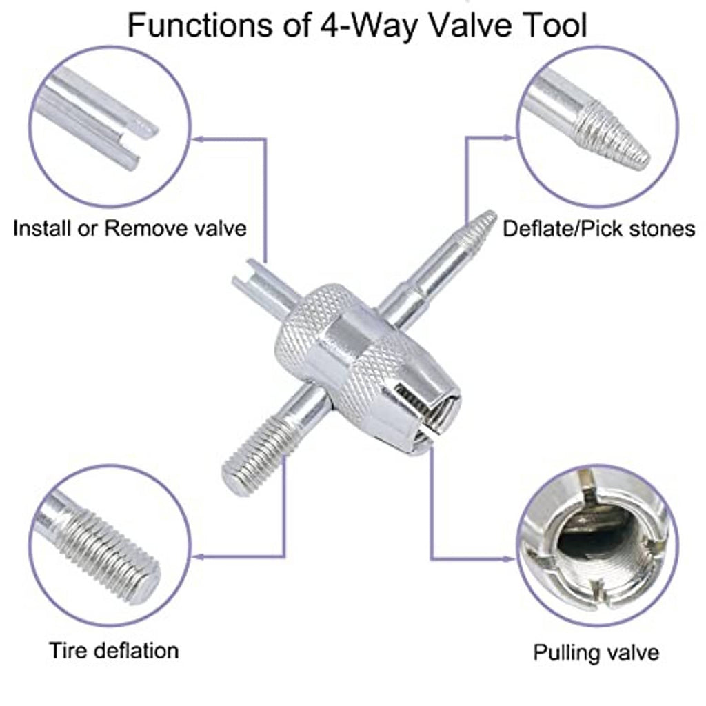 4-way valve tool with silver cross-head and two metal ends for valve core service