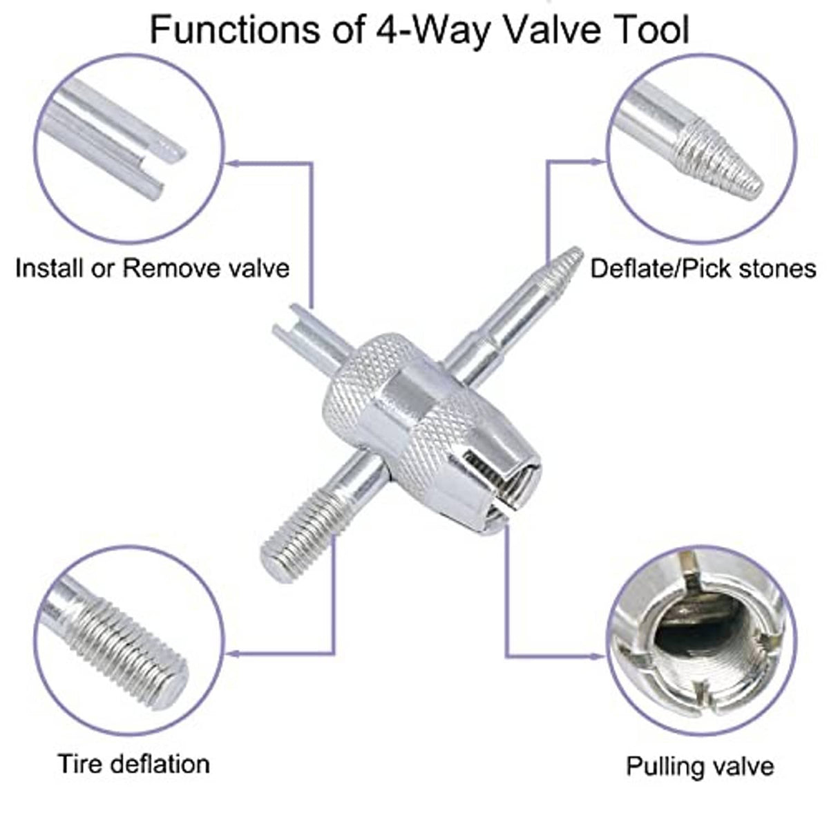 4-way valve tool with silver cross-head and two metal ends for valve core service