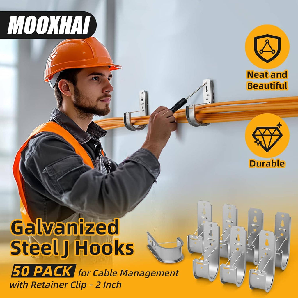 Worker installing galvanized steel J hooks with retainer clip on a wall mount