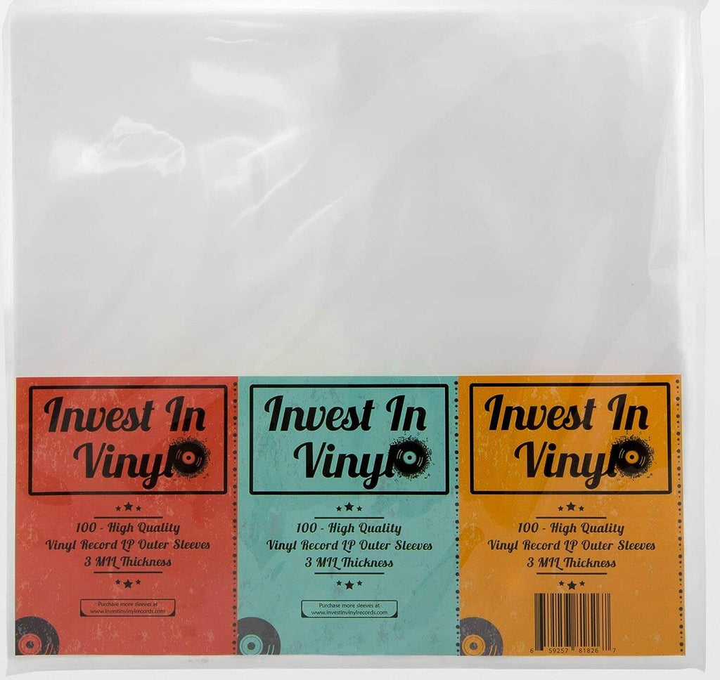 Clear plastic LP outer sleeves, three labeled packs in protective bag