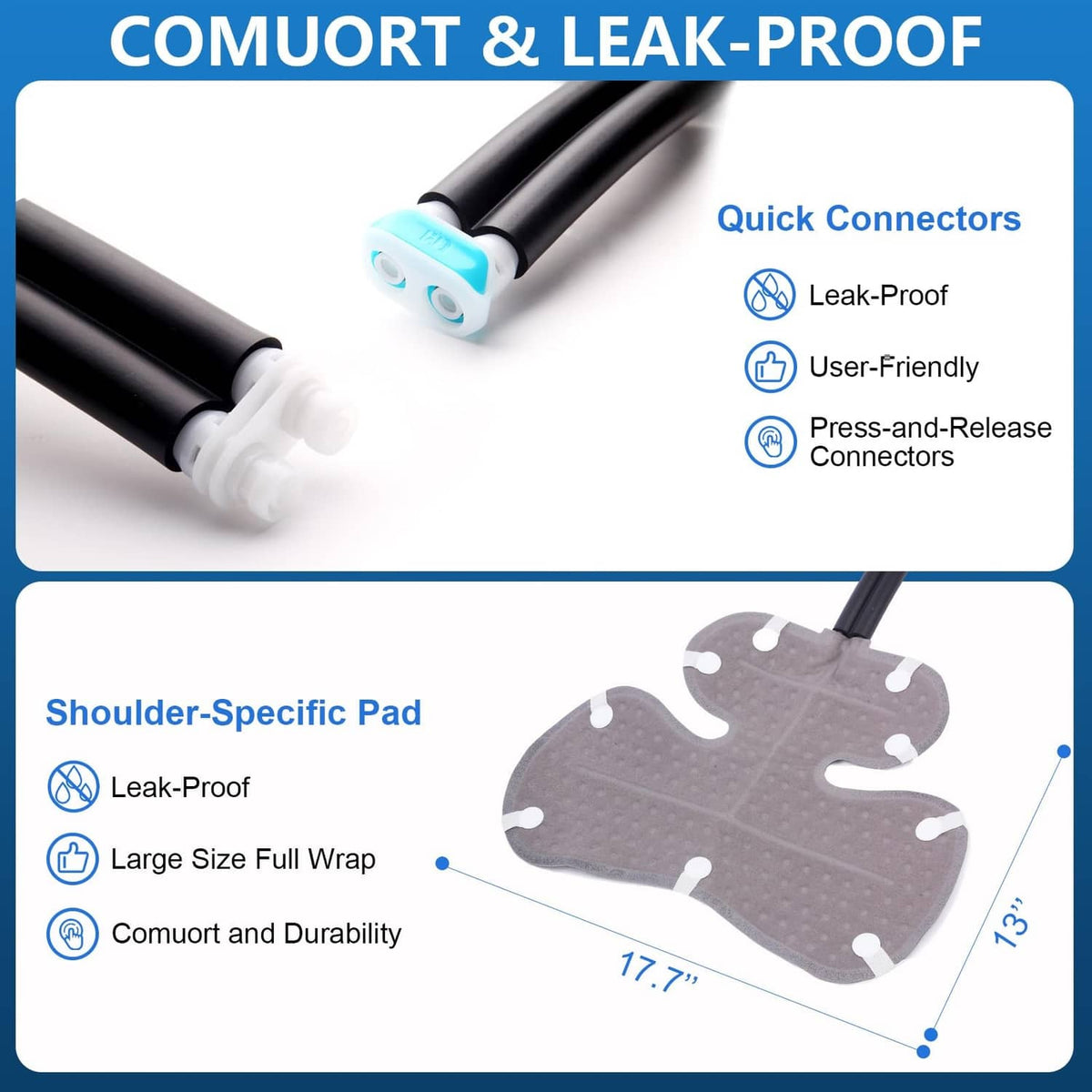 Shoulder-specific gray compression pad with leak-proof connector hose