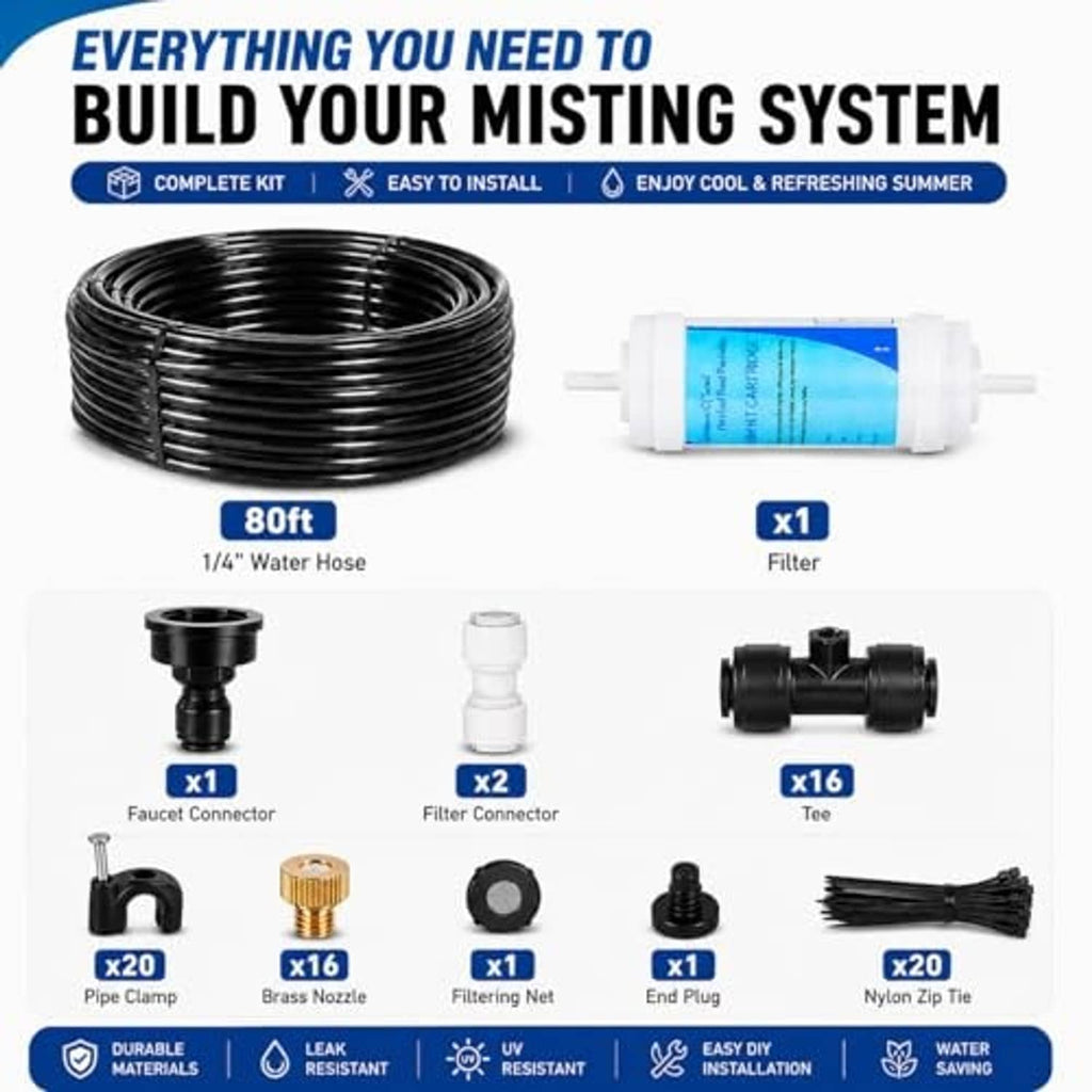 Misting cooling system components set with black hose, filter, and connectors