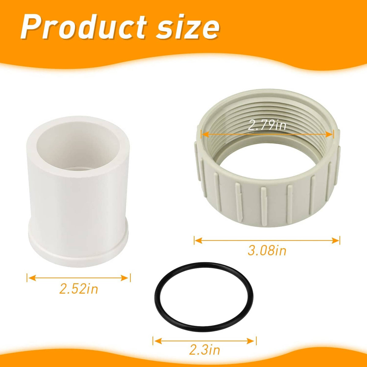 White PVC union fitting with black O-ring, shown with product dimensions
