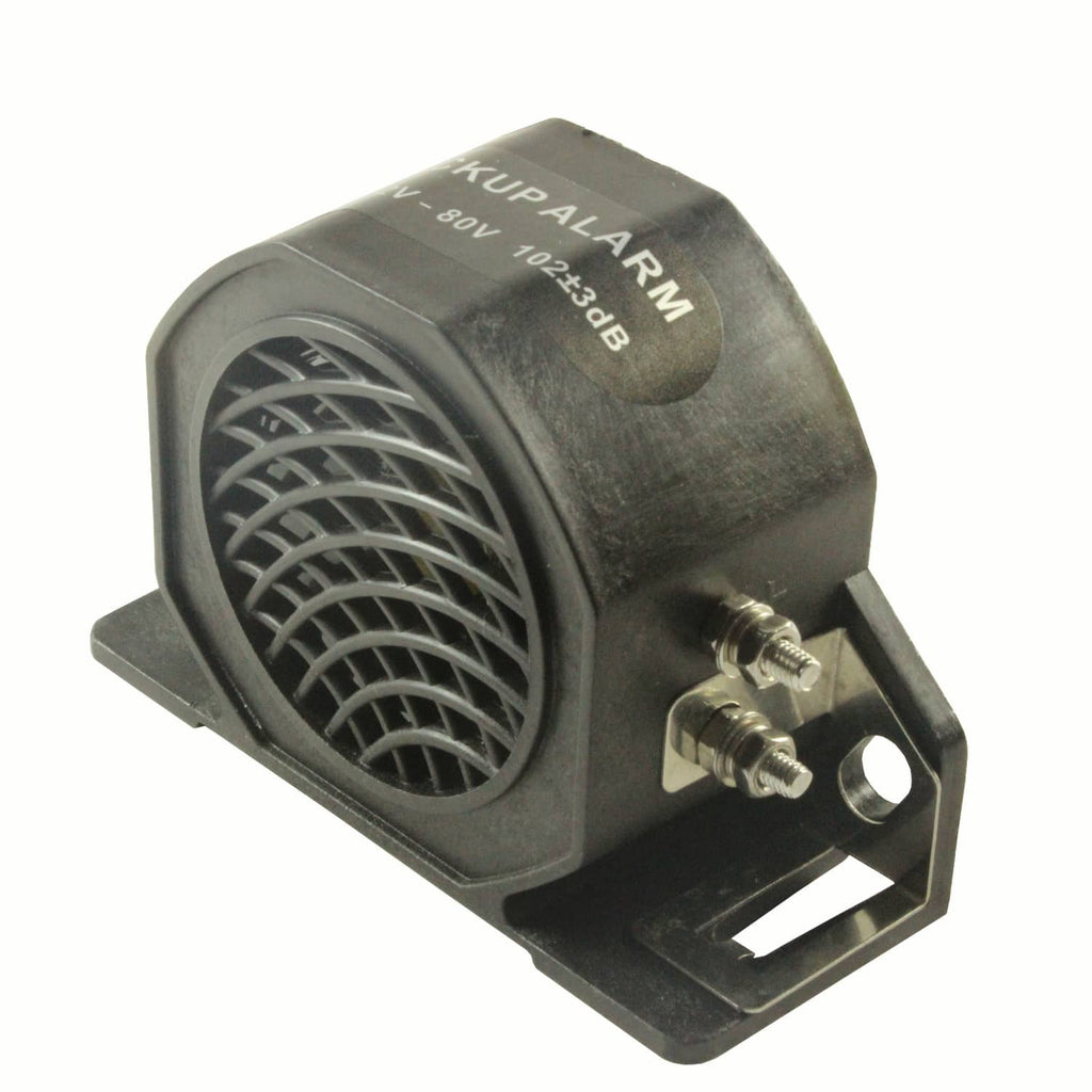 Backup alarm horn with grille and two screw terminals on black mounting bracket