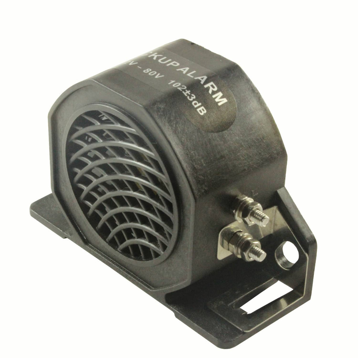 Backup alarm horn with grille and two screw terminals on black mounting bracket