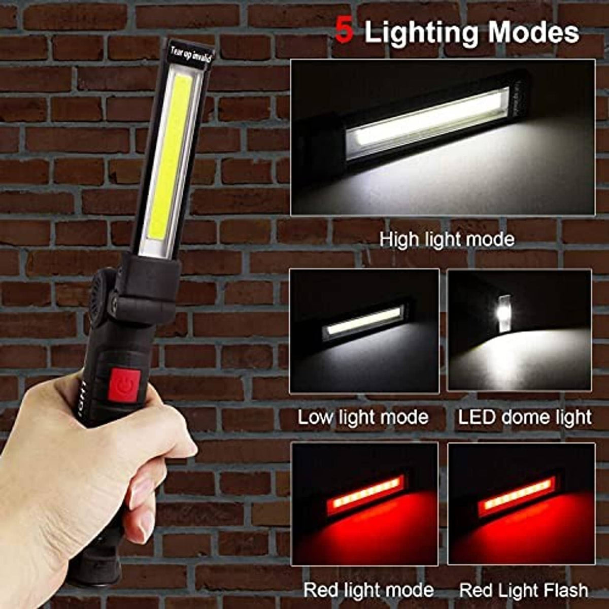 Black handheld LED work light with red power button showing multiple brightness modes