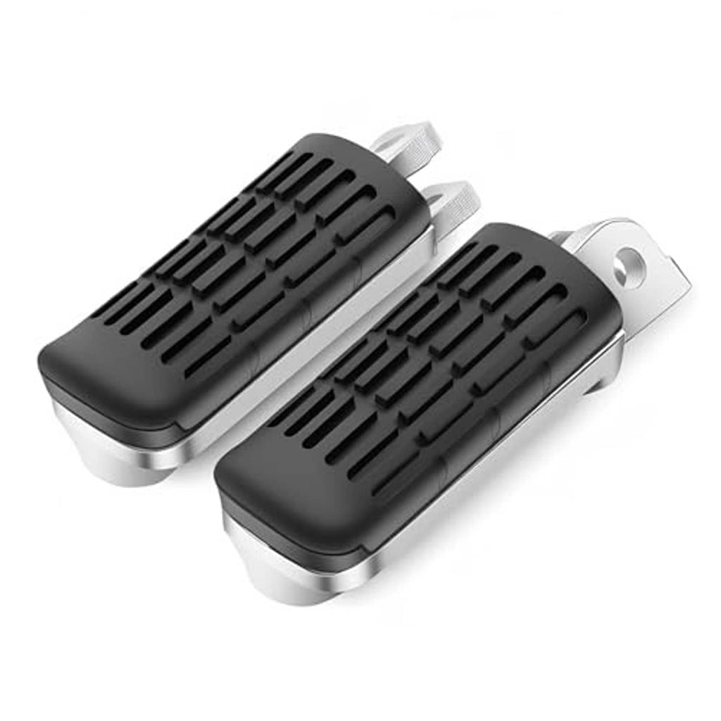 Motorcycle footrest pair with textured black rubber pads and silver mounting rails
