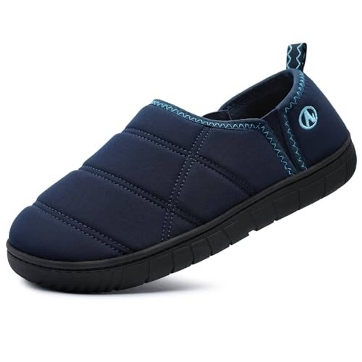 Blue cushioned slip-on slipper with textured tread outsole and stitched panel design
