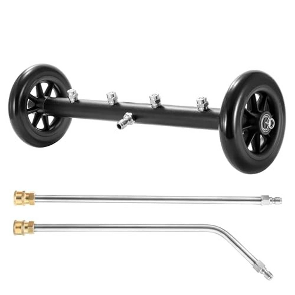 Pressure washer undercarriage cleaner with black wheel bar and extension wand with angled tip