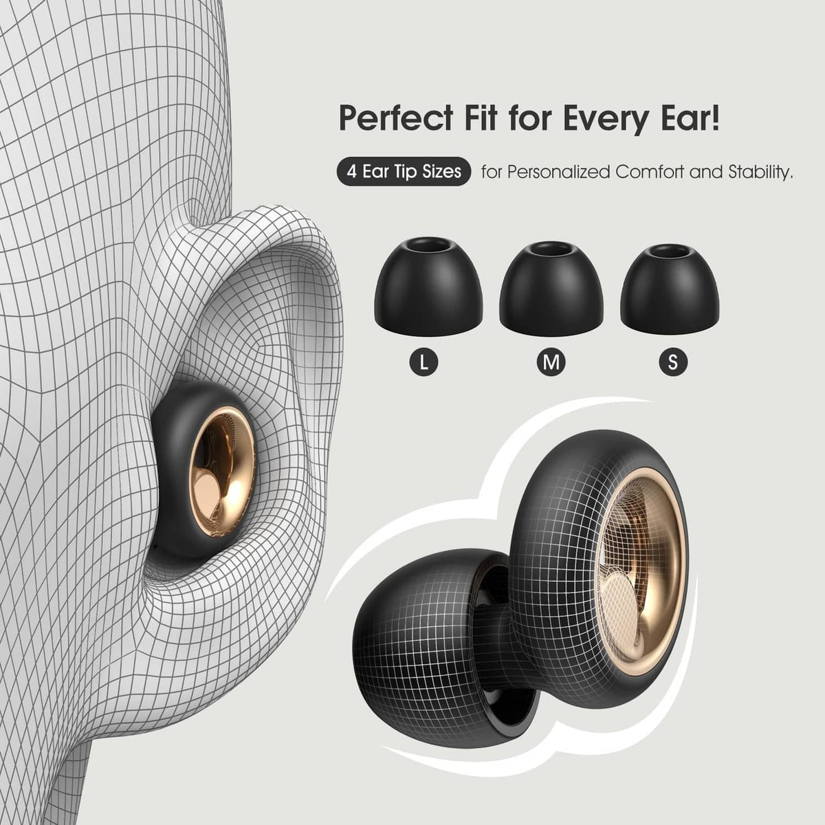 Black silicone ear plug with four tip sizes for a personalized fit