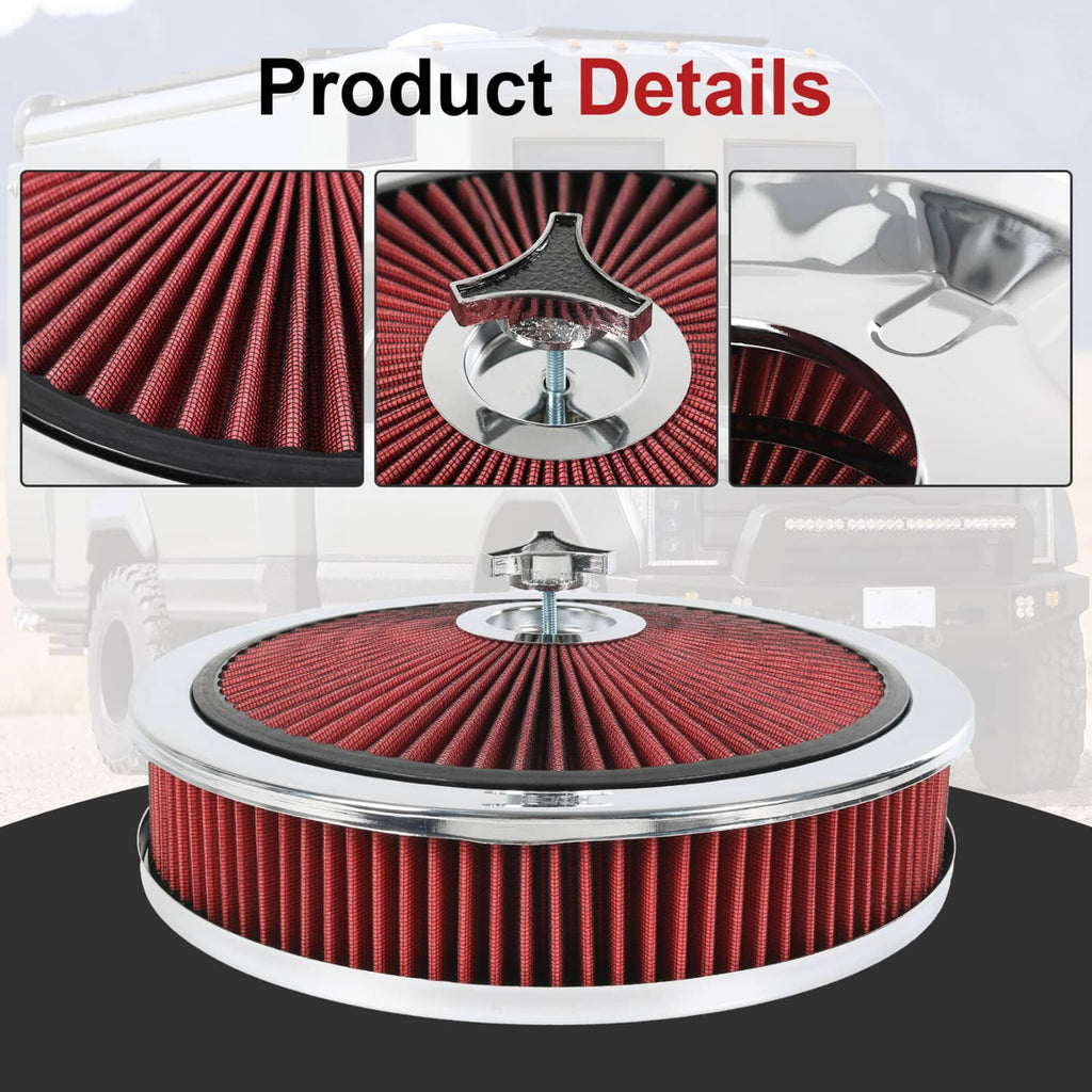Red round air cleaner filter with chrome rim, central cap, and black base ring.