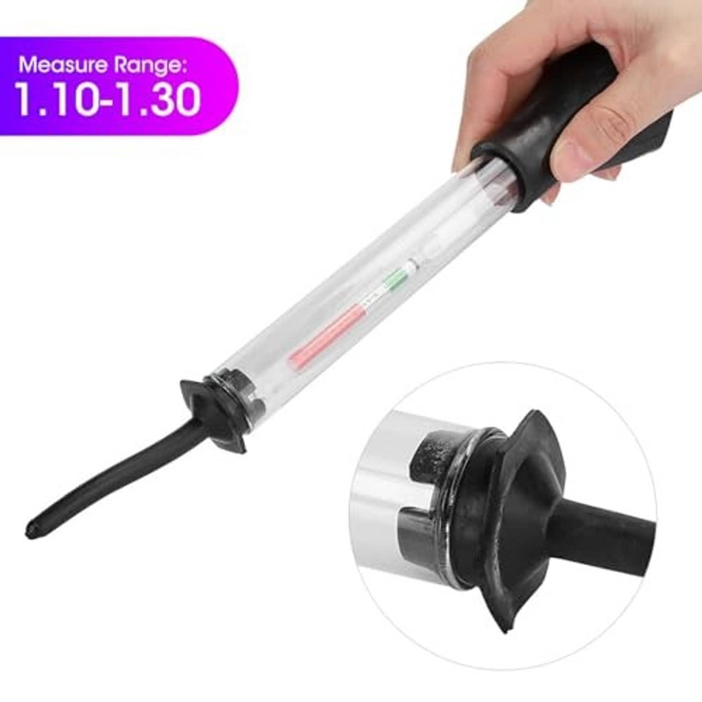 Battery hydrometer tester with clear tube, black rubber handle; close-up of bulb seal