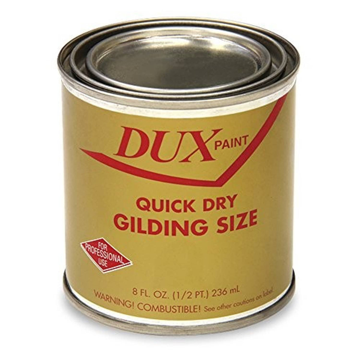 DUX Quick Dry Gilding Size paint can, gold/yellow liquid, 8 fl oz