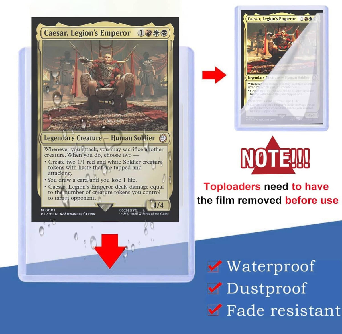 Clear sleeve display showing waterproof, dustproof, and fade-resistant card protection note.