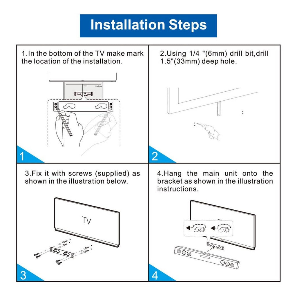 Installation steps infographic for soundbar wall mount bracket with four numbered panels