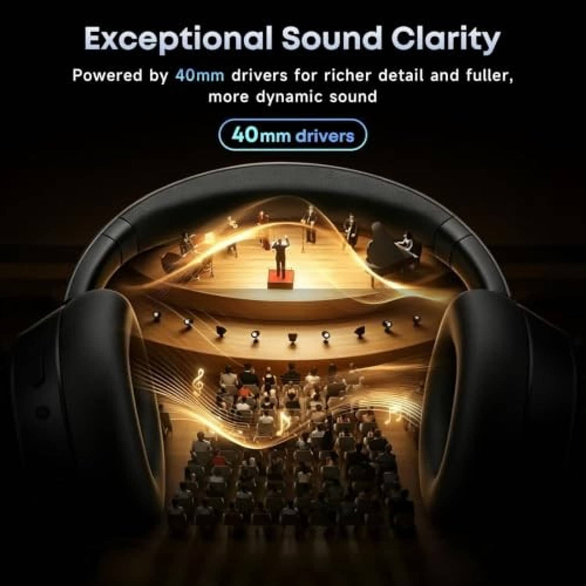 Black over-ear Bluetooth headphones with illuminated soundstage effect across earcups