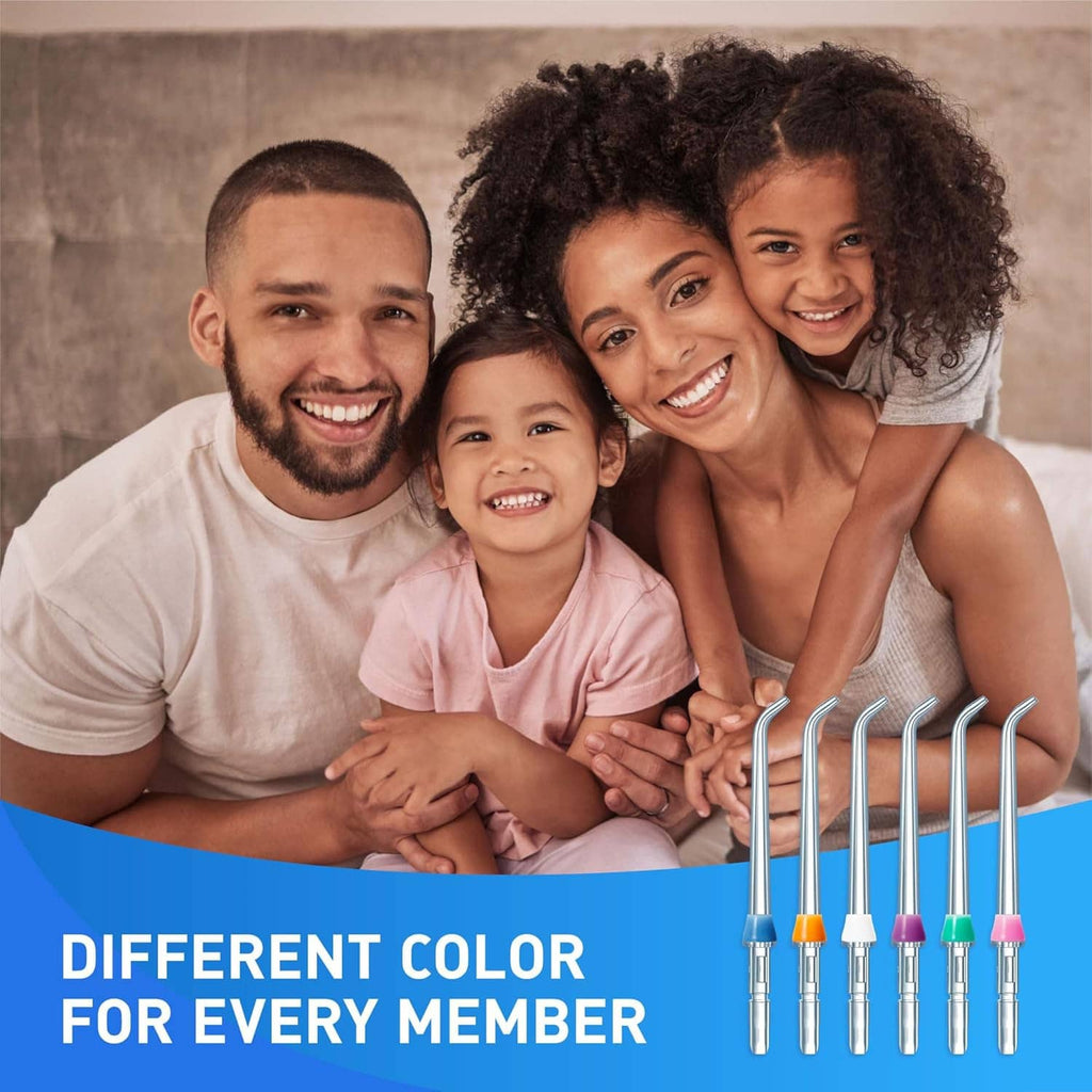 Water flosser replacement tips with assorted colored caps held by a smiling family