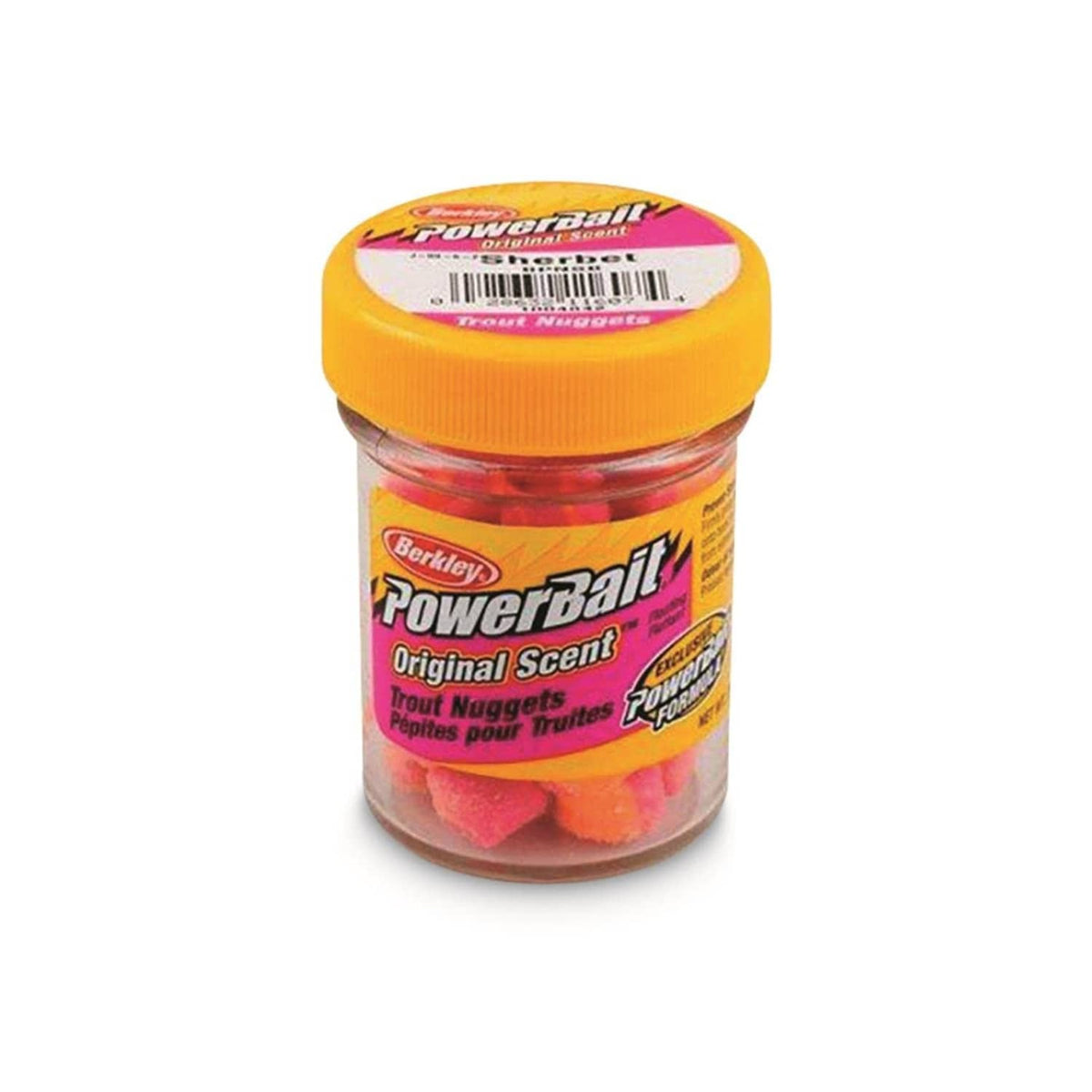 Berkley PowerBait Original Scent trout nuggets jar with red/orange bait nuggets in clear container