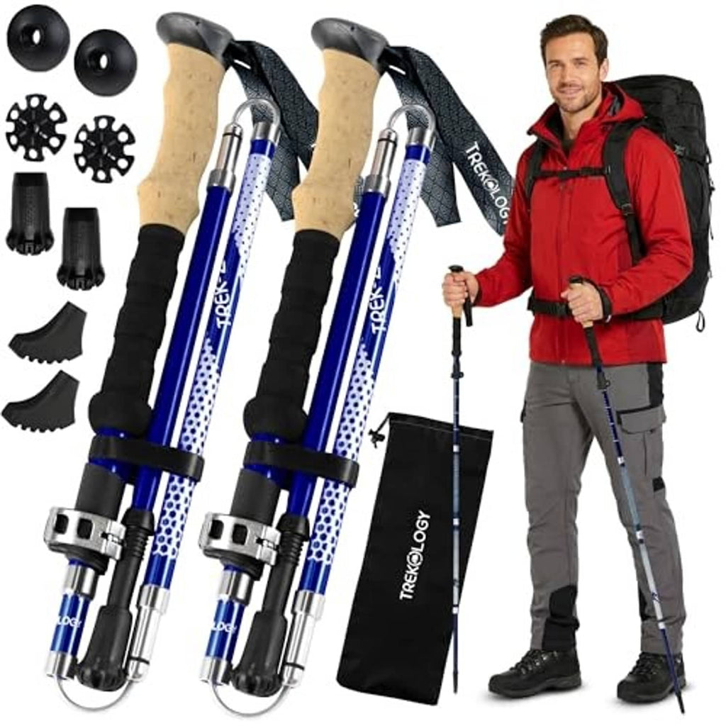 Pair of blue Trek-Z collapsible hiking poles with EVA grips and accessory pieces