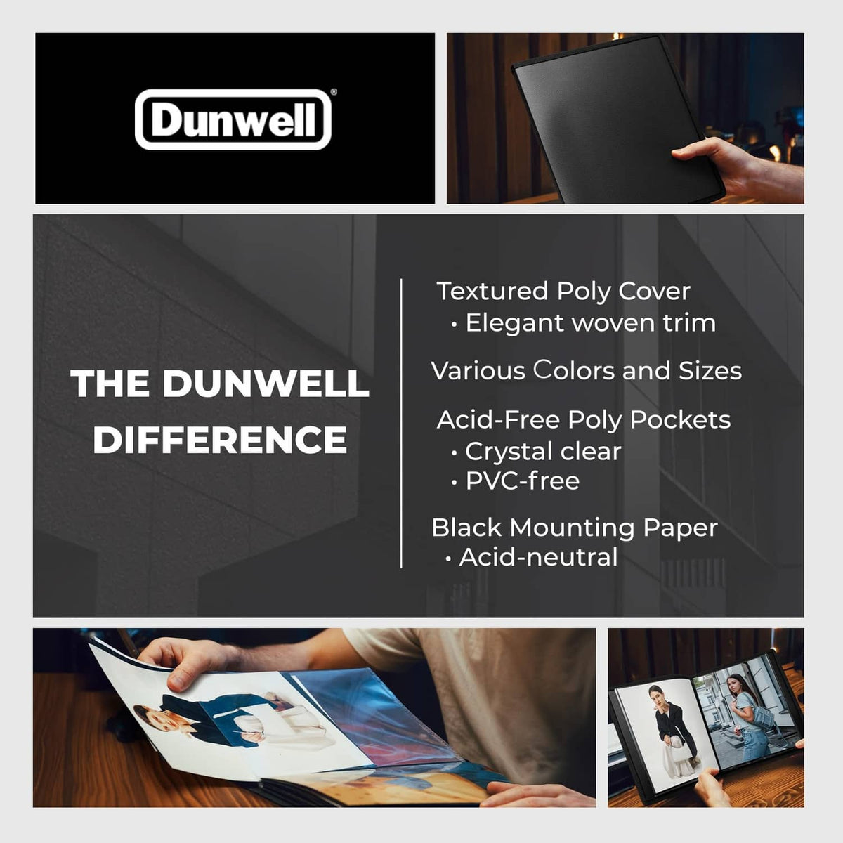 Dunwell black portfolio folder with textured poly cover, woven trim, acid-free mounting paper