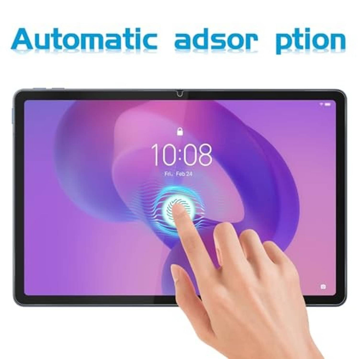 Clear tempered glass screen protector on Lenovo 11-inch tablet with finger tap
