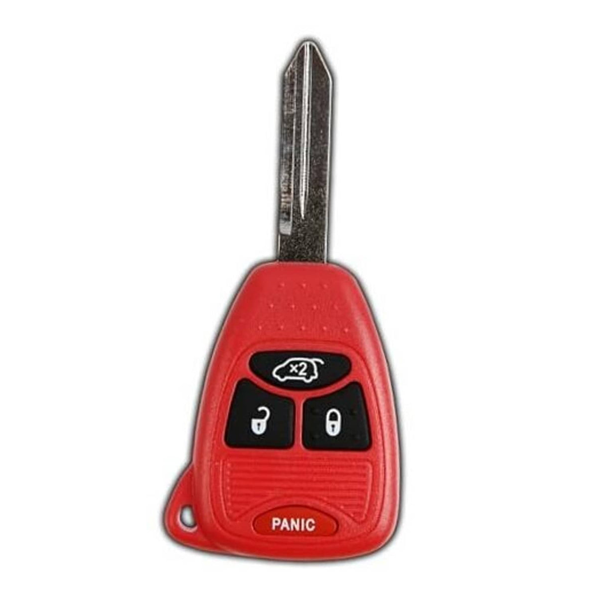 Red remote key fob with metal key blade, lock, unlock, x2 and panic buttons