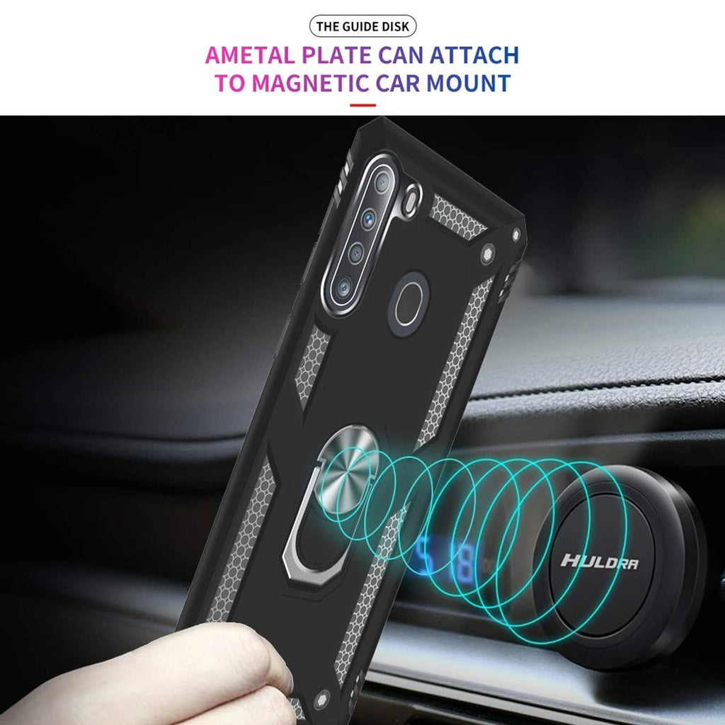 Black rugged phone case with metal ring for magnetic car mount, camera cutouts
