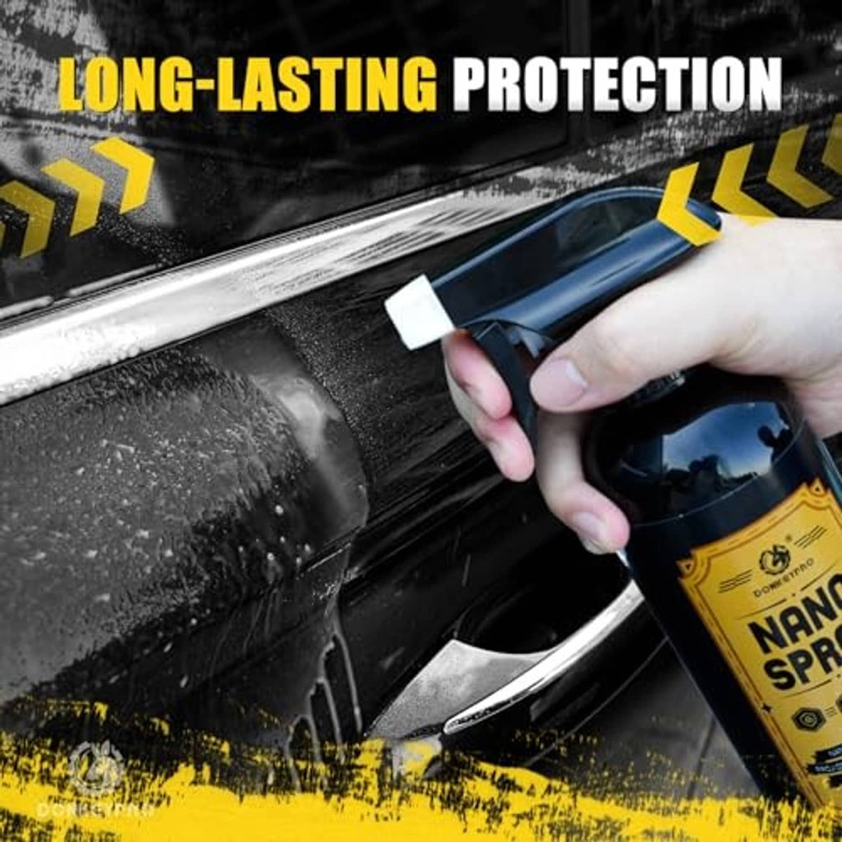 Hand spraying nano coating on a car panel surface with droplets and mist