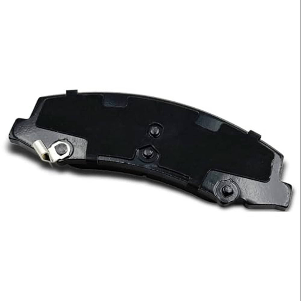 Single brake pad backing plate with mounting hardware and holes, dark metal side