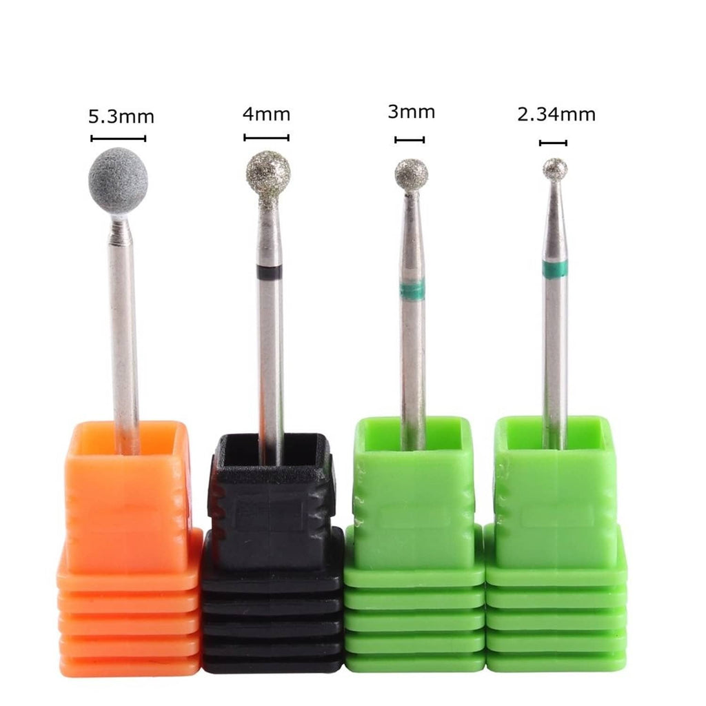 Diamond nail drill bit set with 5.3mm, 4mm, 3mm, and 2.34mm ball tips