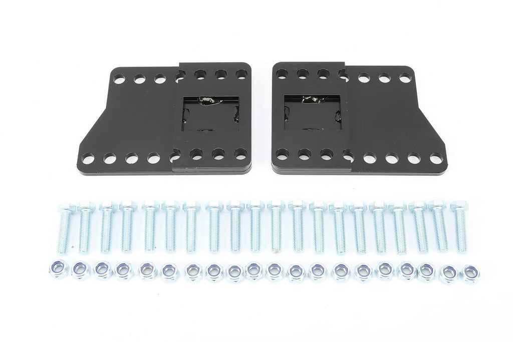 Pair of black steel brackets with light-blue bolts and nuts