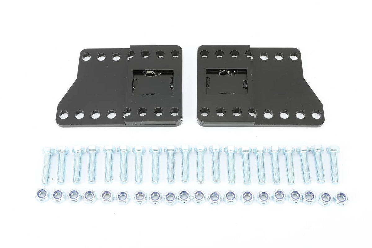 Pair of black steel brackets with light-blue bolts and nuts