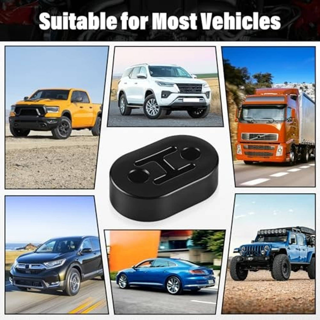 Black rubber exhaust hanger shown with fit examples for different vehicles