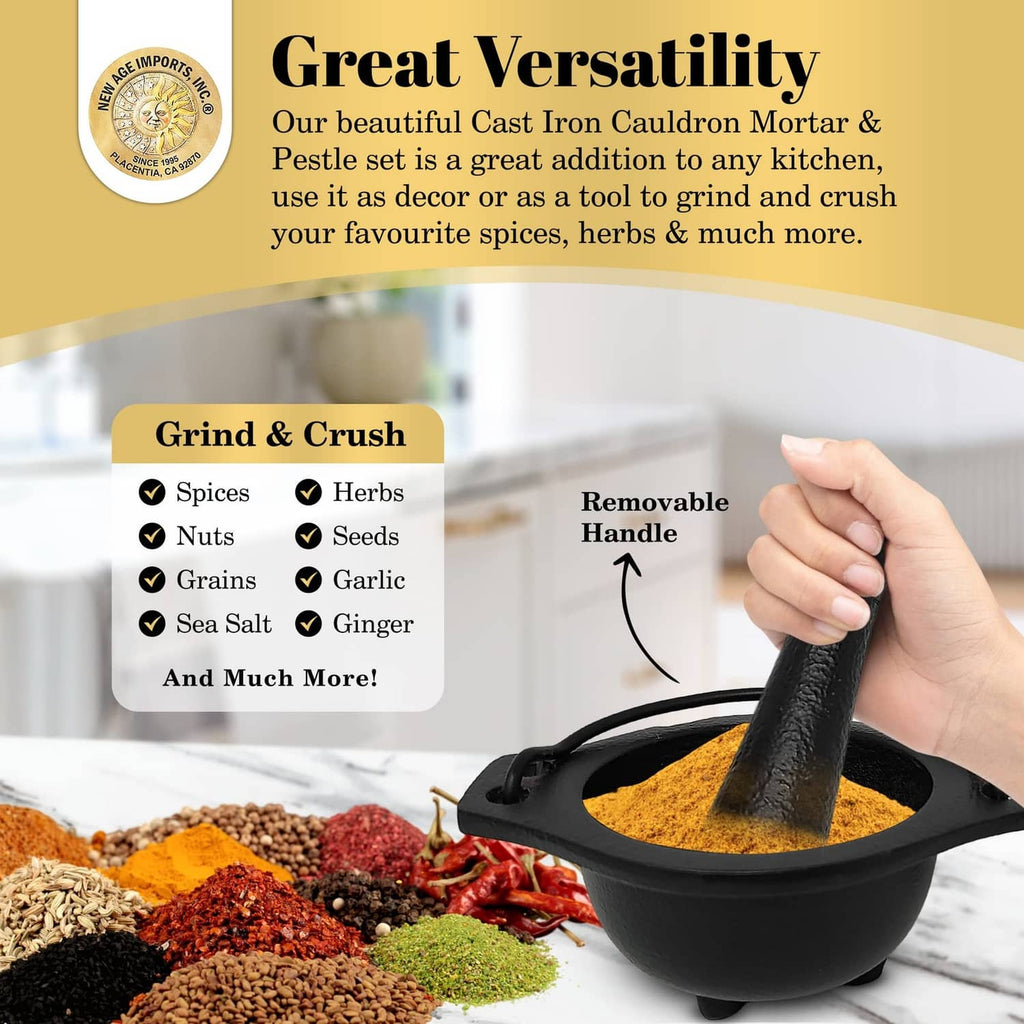 Black cast iron cauldron mortar with pestle and arched carry handle